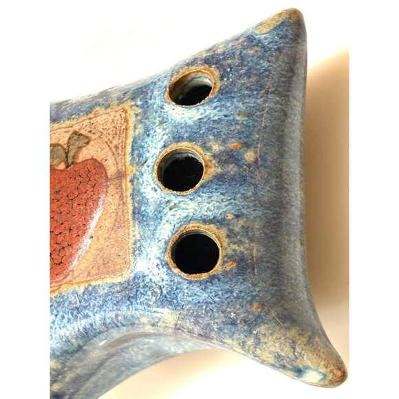 Studio Art Pottery Hand Made Ikebana Ceramic Flower Frog Blue Red Apple Pillow - Picture 2 of 5